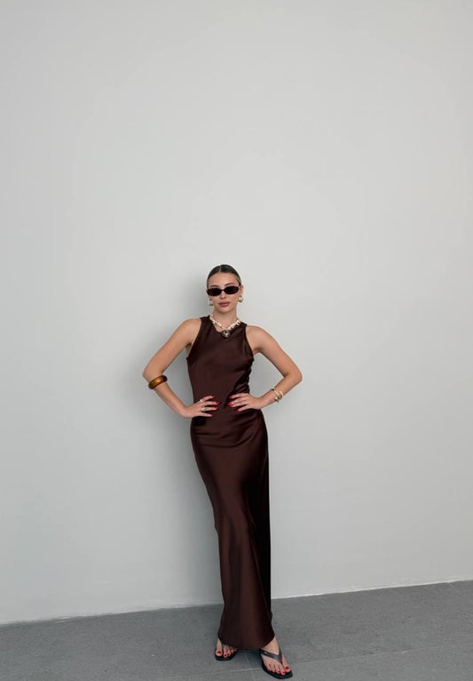 LONG SATIN DRESS BROWN